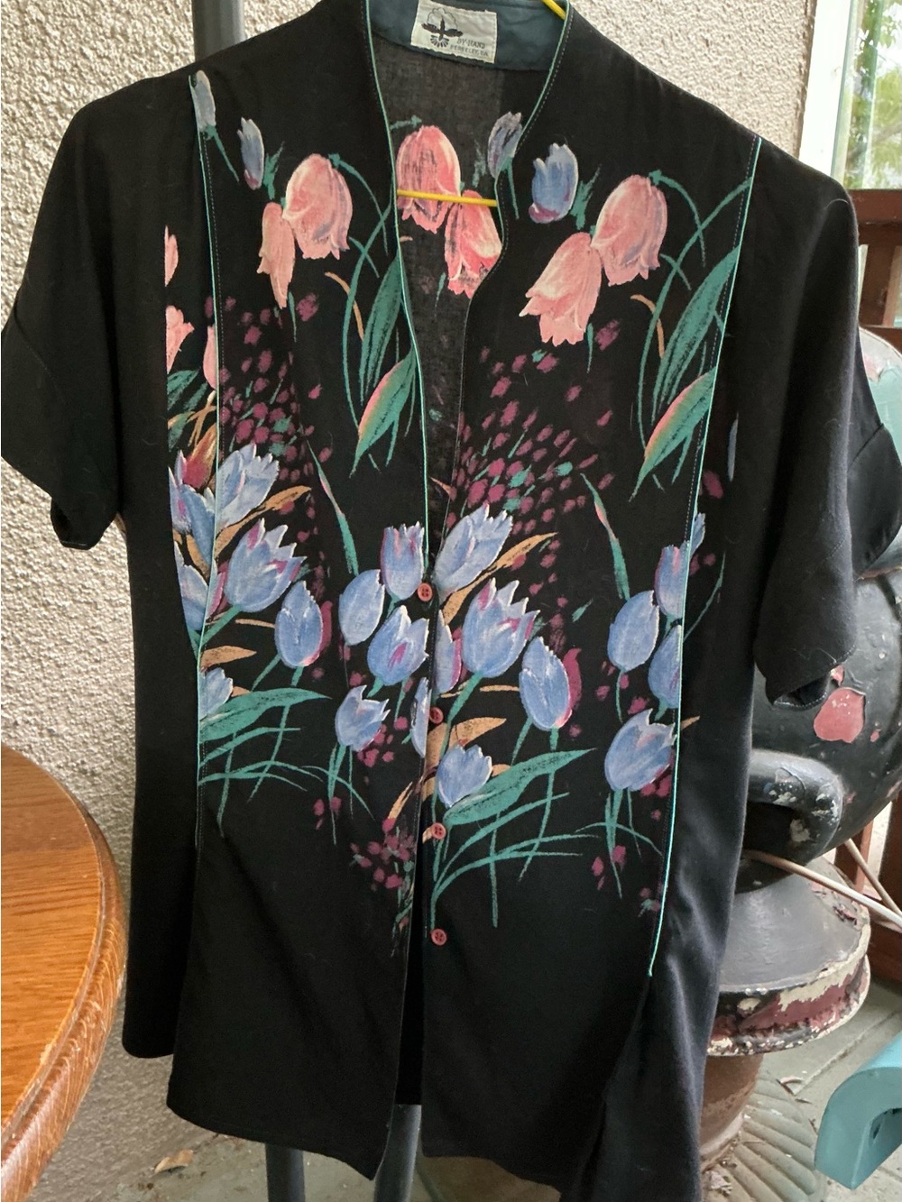 Vintage Black Floral Button-Front rayon blouse By Hand of Berkeley M